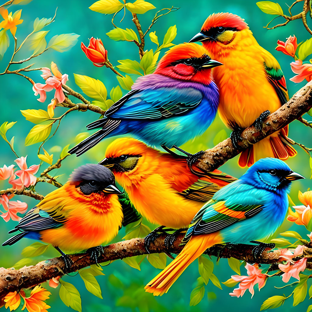 Colorful Birds Perched on Branch with Pink Flowers on Teal Background