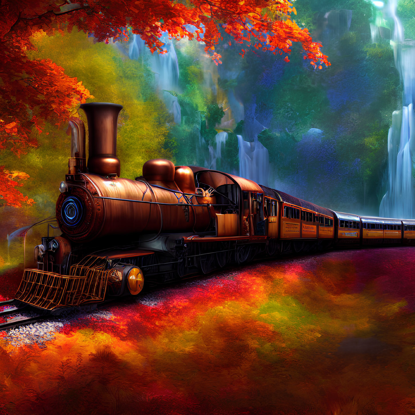 Vintage steam locomotive in vibrant autumn landscape with waterfall