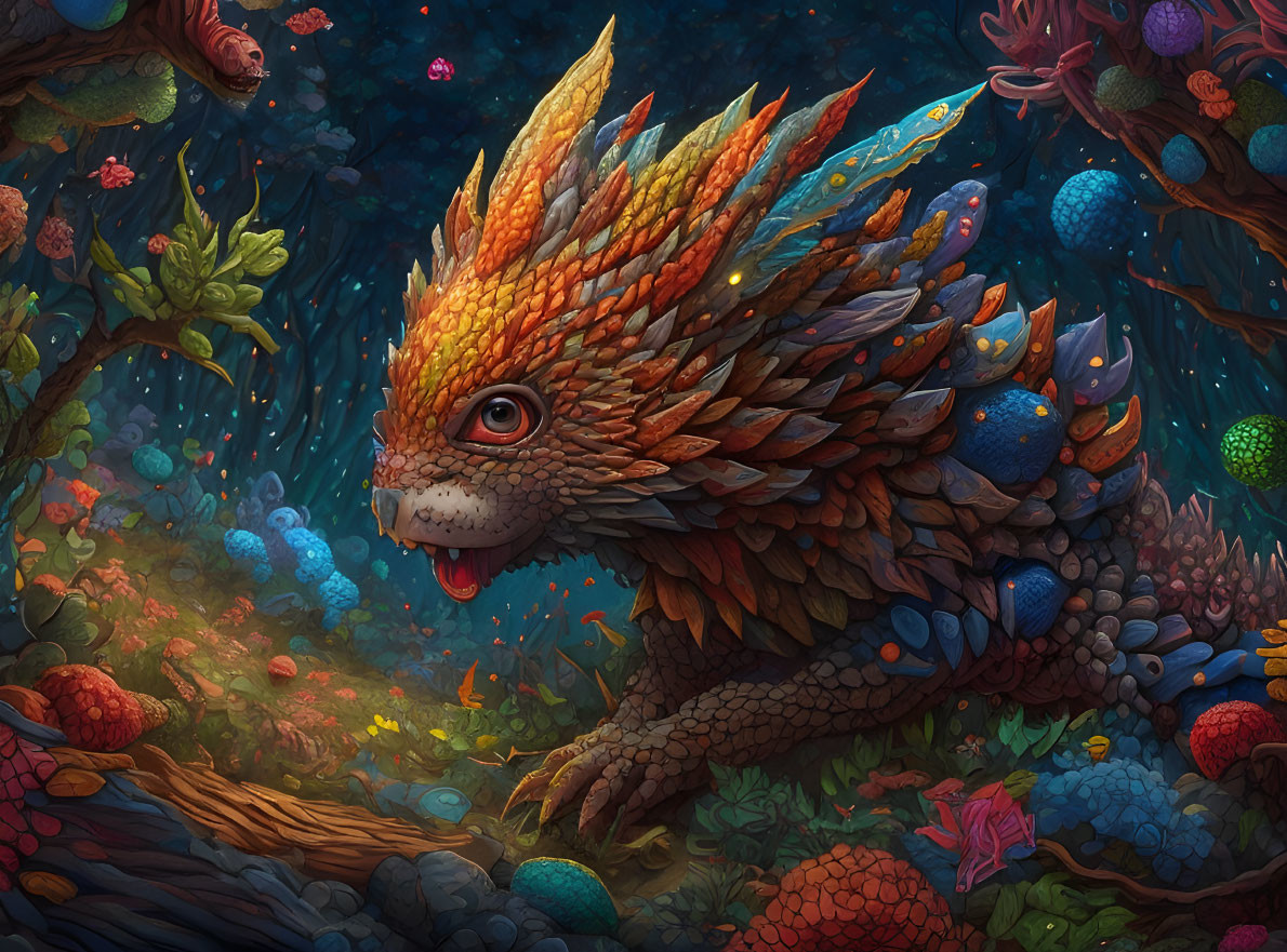 Vibrant illustration of smiling dragon in magical forest