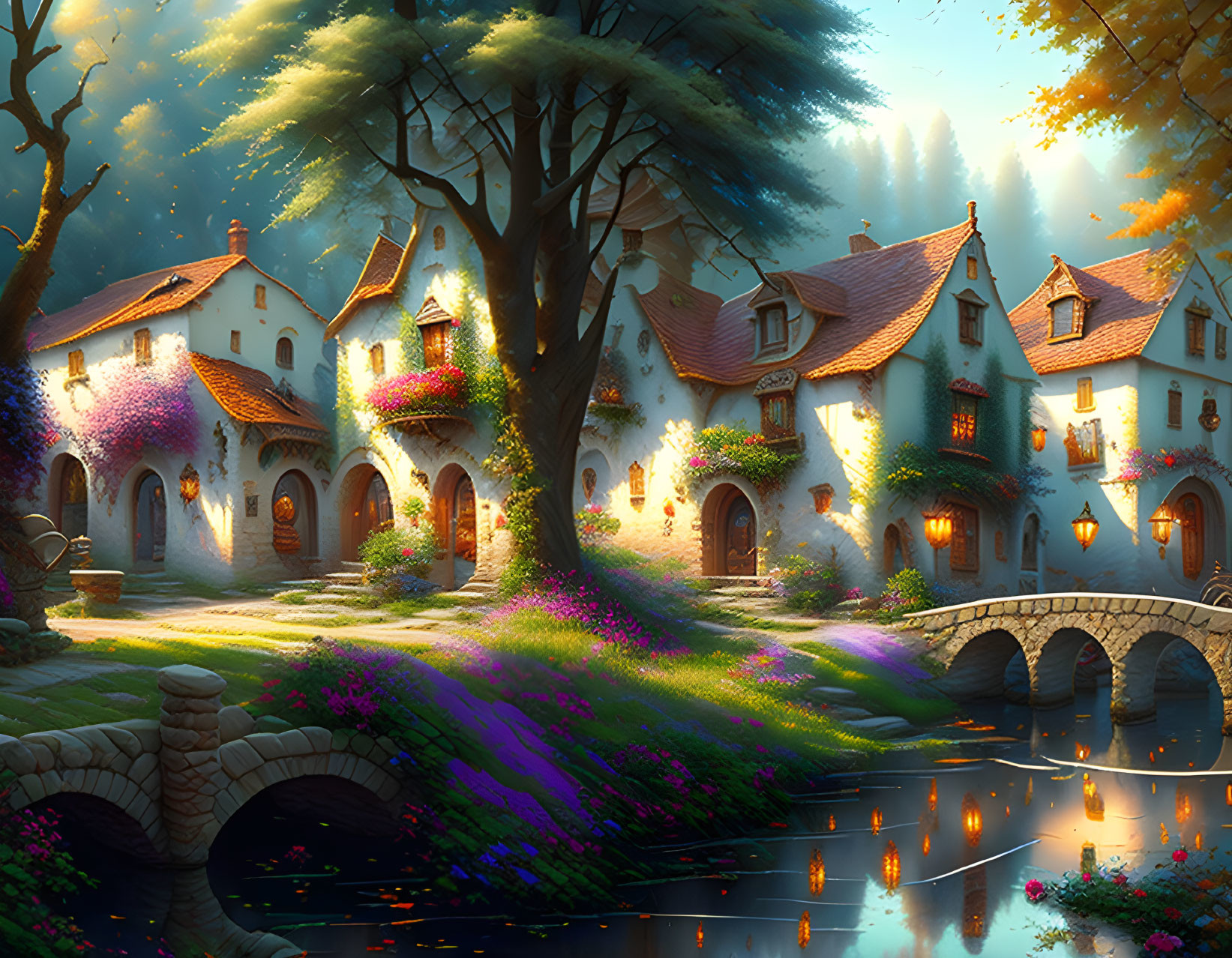 Serene fantasy village with cobblestone houses, blooming flowers, river, and majestic tree