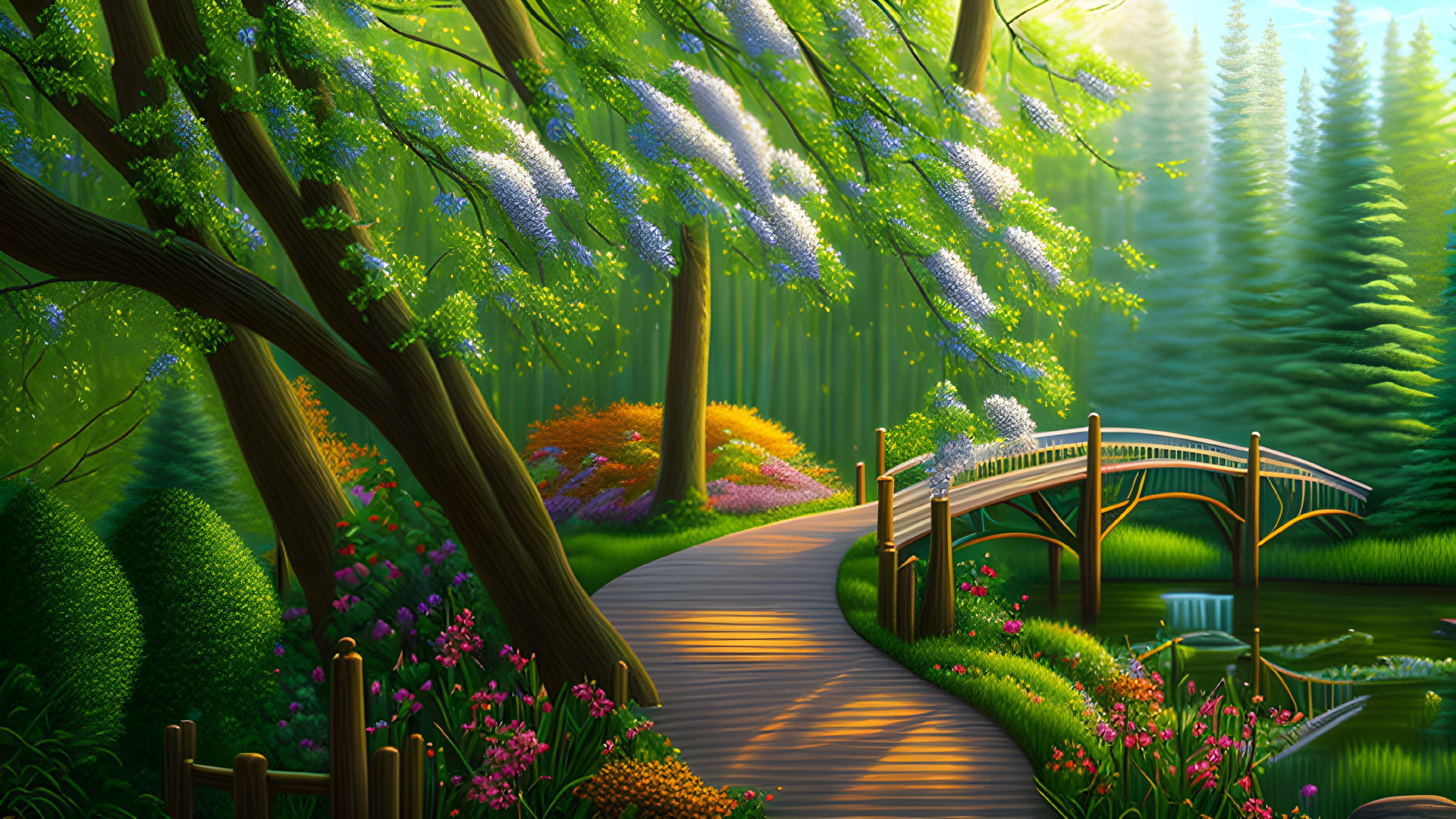 Tranquil Park Scene: Wooden Bridge, Flower Paths, Blooming Trees