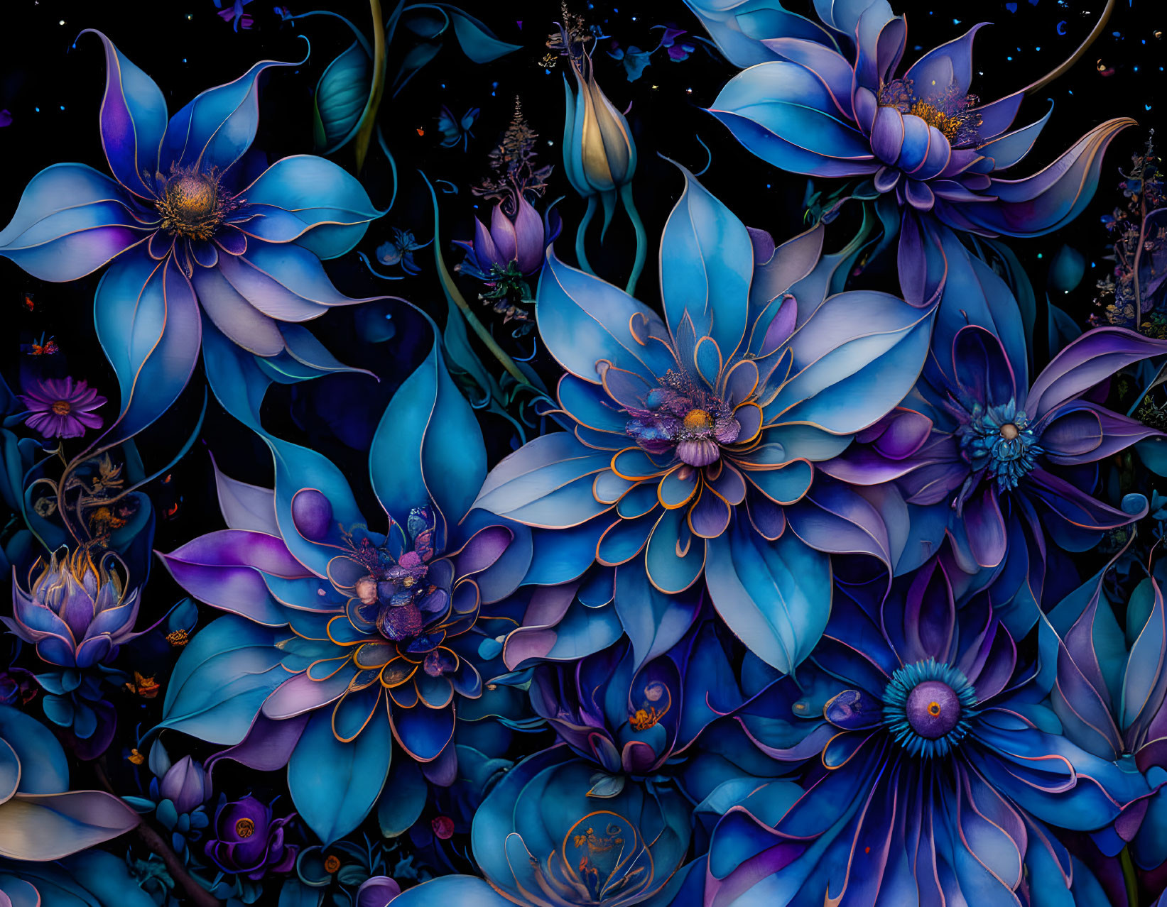 Stylized blue flowers with golden centers on dark celestial backdrop