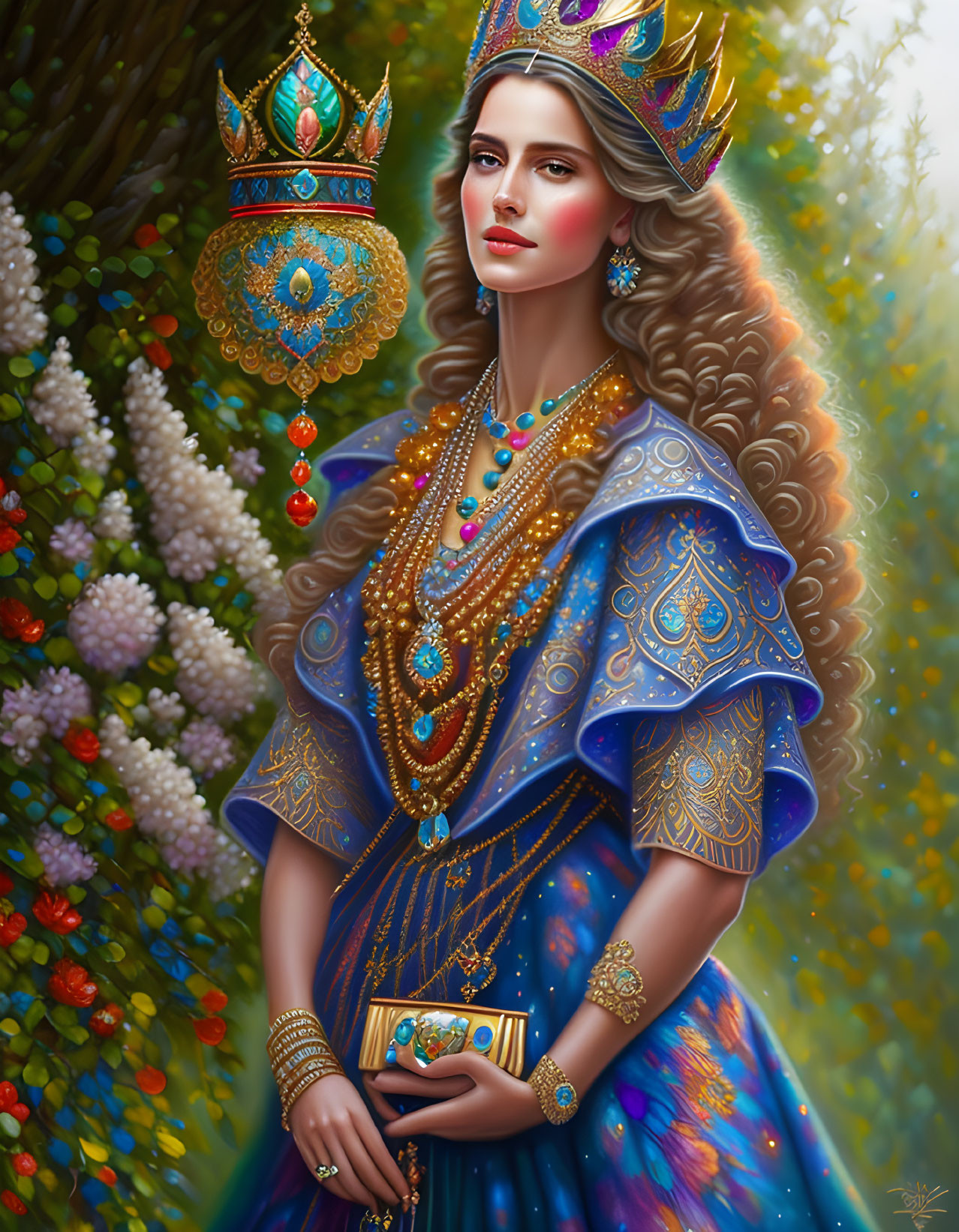 Regal woman in blue and gold gown with curly hair and crown against floral backdrop