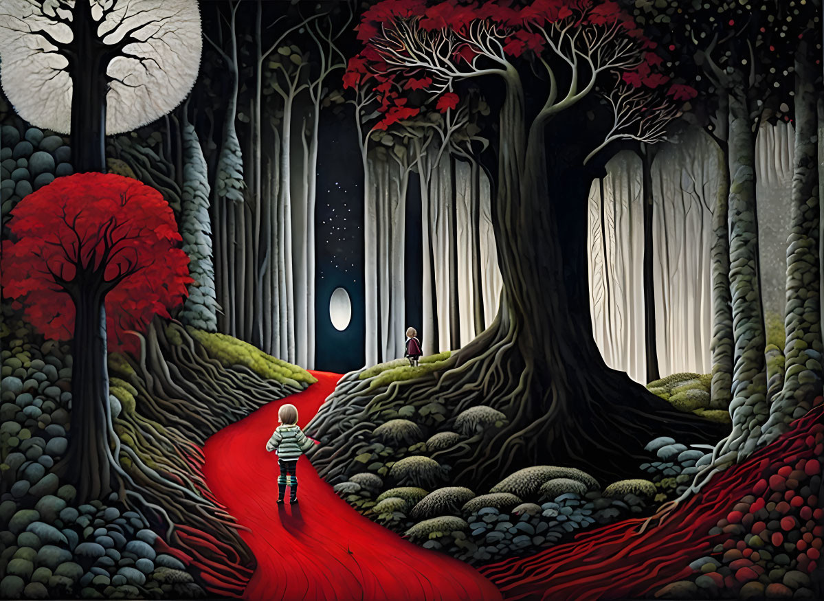 Surreal red-leaved forest with moonlit path and figures