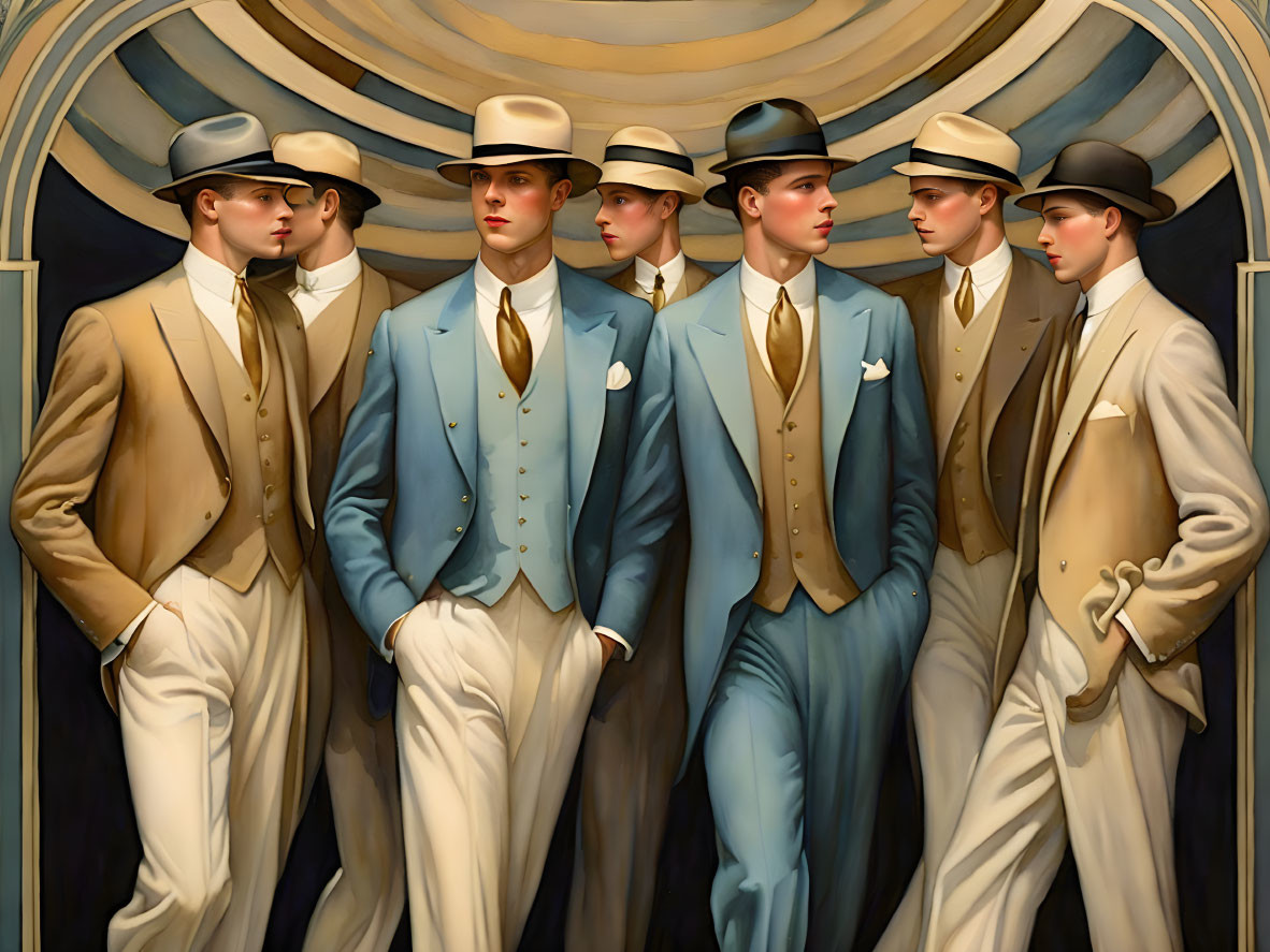 Vintage Style Illustration: Seven Men in Light-Colored Suits and Fedoras