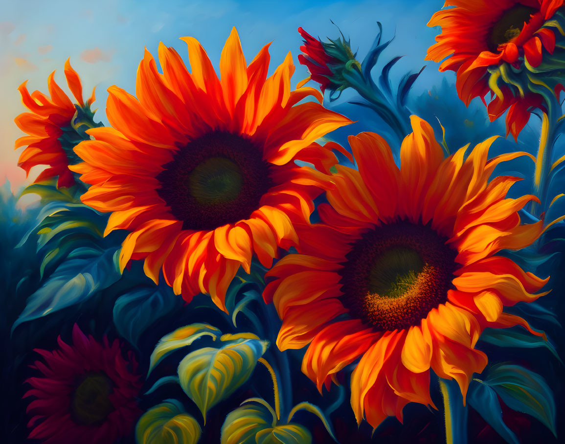 Sunflower painting with warm colors and large blossoms