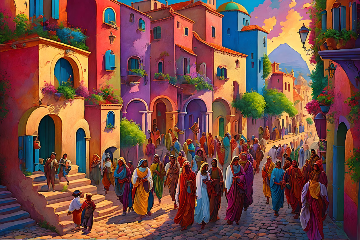 Colorful People in Robes Walking Through Vibrant Townscape