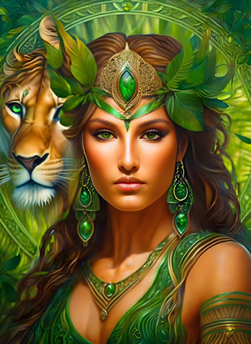 Woman with green eyes in leaf attire and lion blend, exuding mystical regal vibe