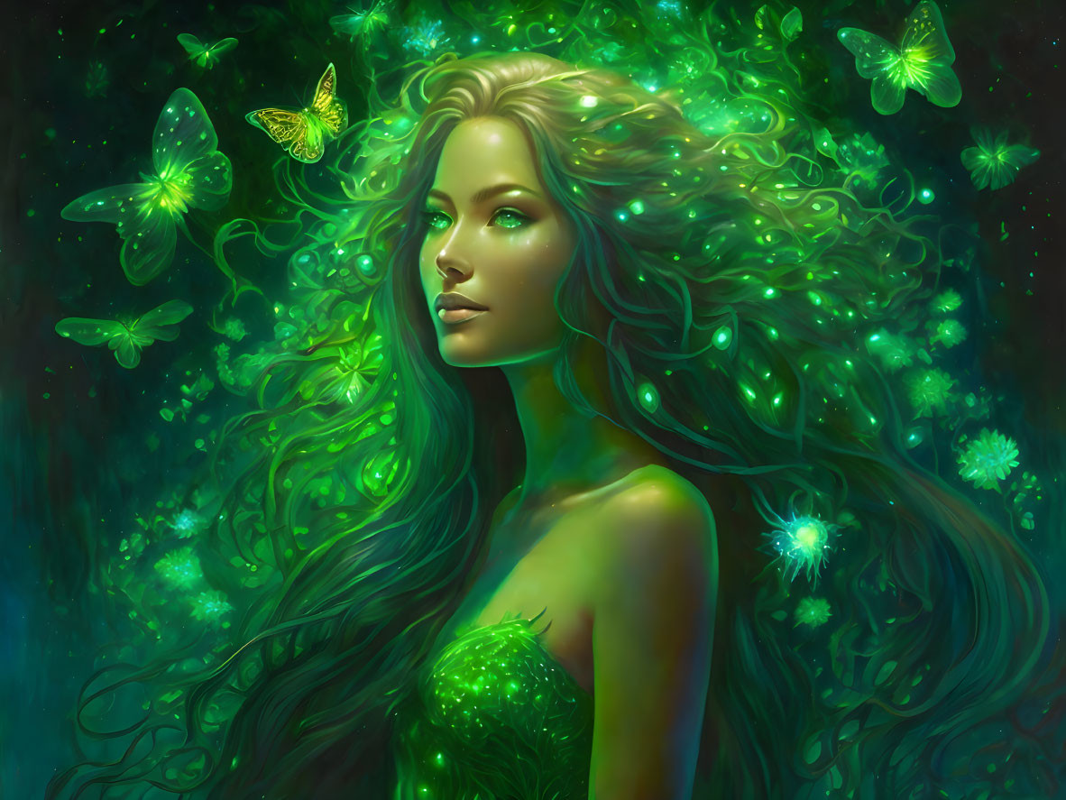 Mystical woman with long hair, glowing butterflies, and green aura.