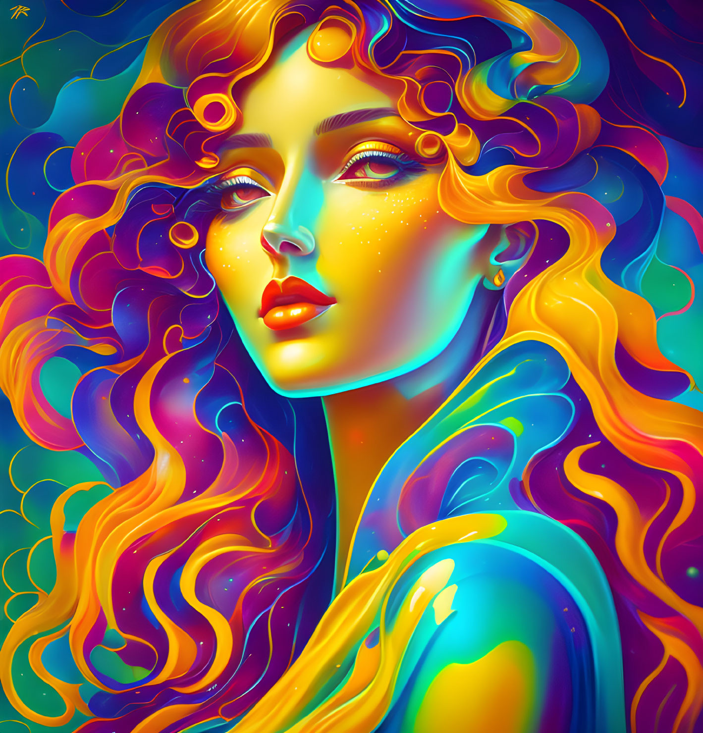 Colorful digital portrait of a woman with flowing curly hair in blue, orange, and yellow hues