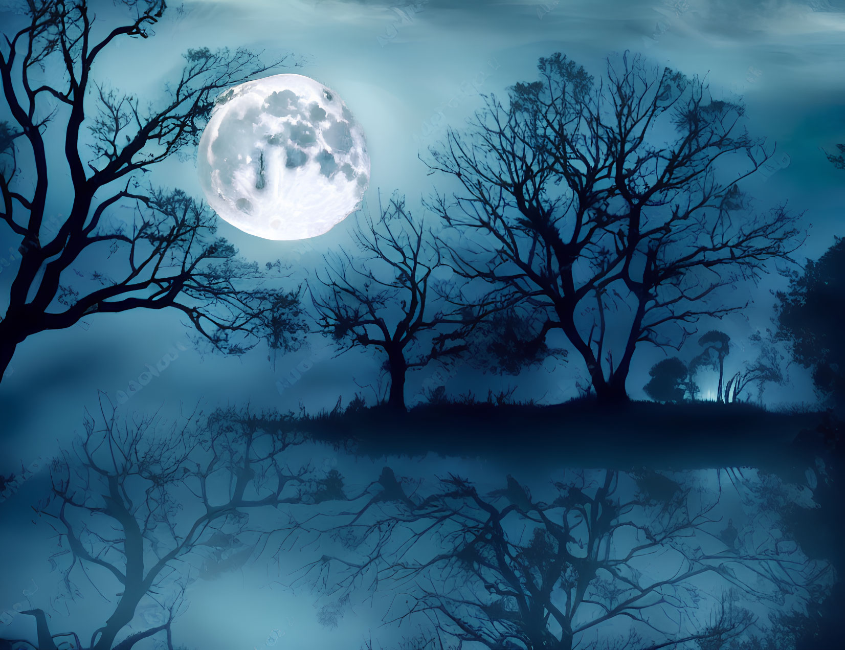 Tranquil full moon night scene with silhouetted trees and water reflections