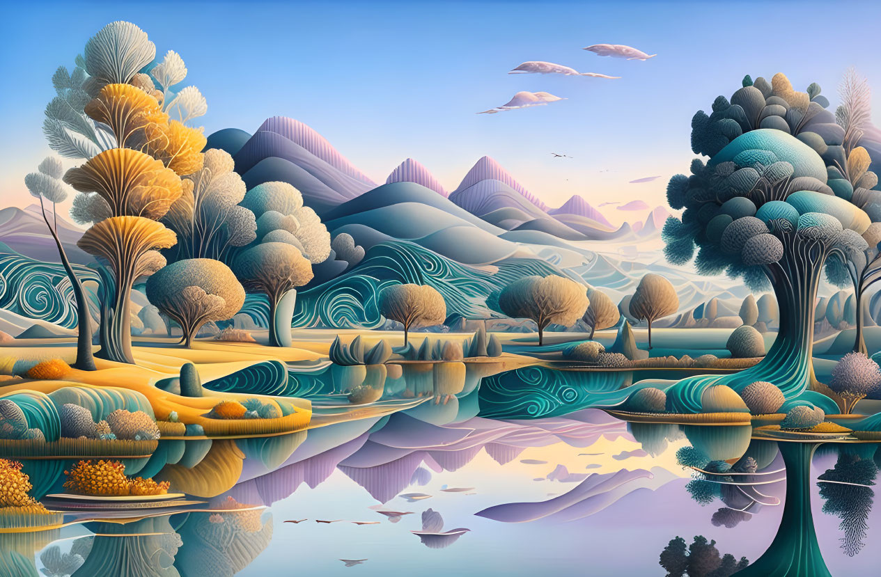 Colorful Landscape with Rolling Hills, Whimsical Trees, and Flying Birds