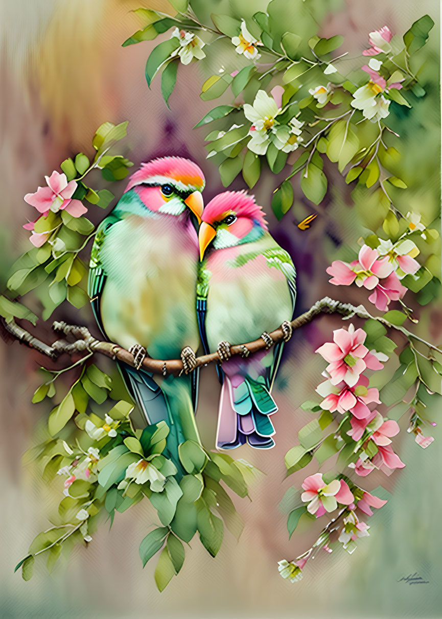 Colorful Birds Perched on Branch with Green Leaves and Pink Flowers