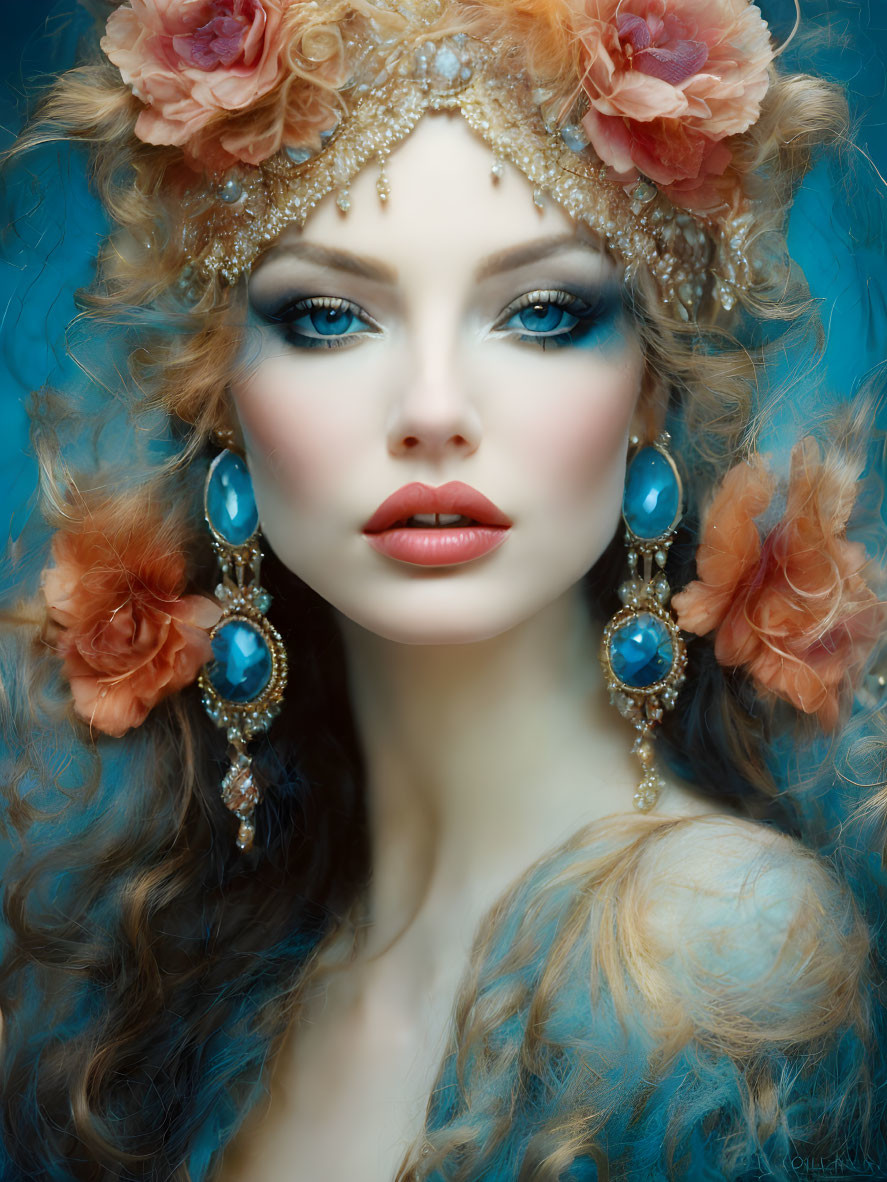 Woman portrait with blue eyes, floral headpiece, teardrop earrings, and elegant makeup on blue