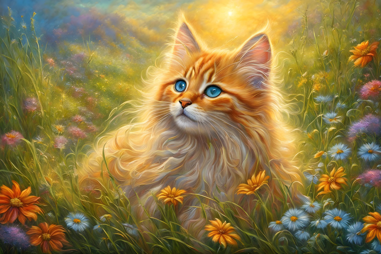 Fluffy Orange Cat with Blue Eyes in Flower Field