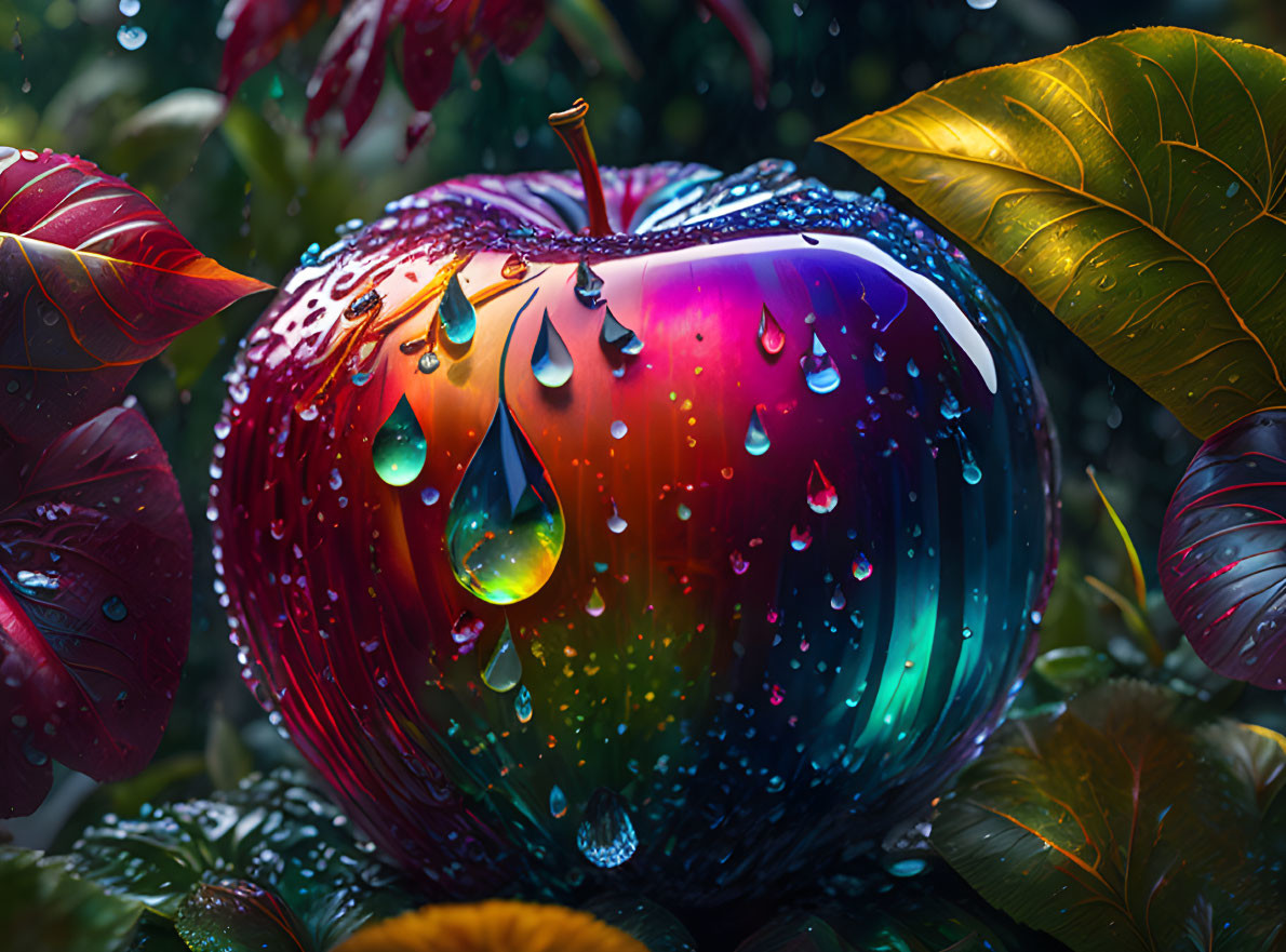 Rainbow Gradient Apple with Water Droplets on Glossy Leaves