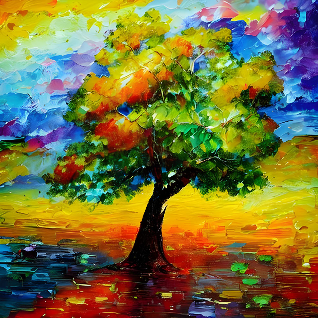 Colorful tree painting with impasto brushstrokes against blue and red skies.