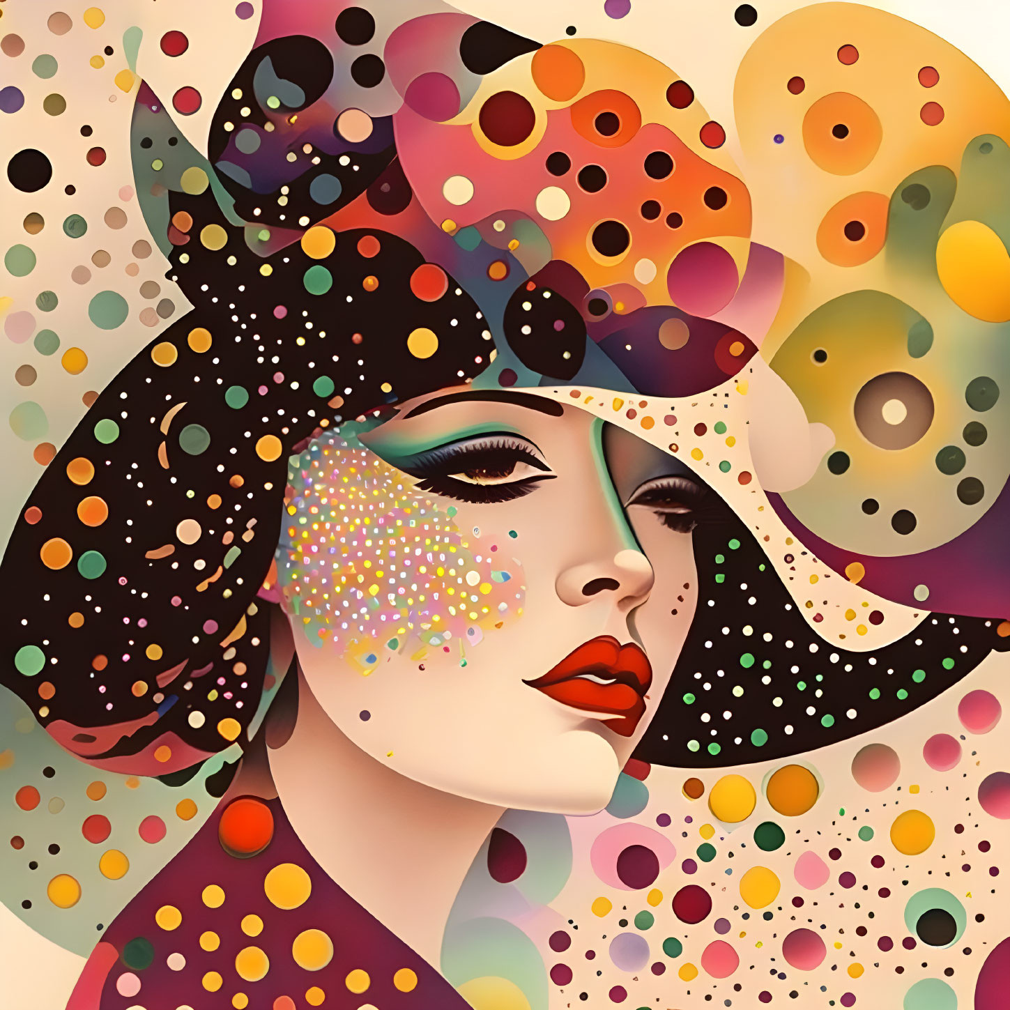 Vibrant digital portrait of a woman with dotted patterns and abstract shapes