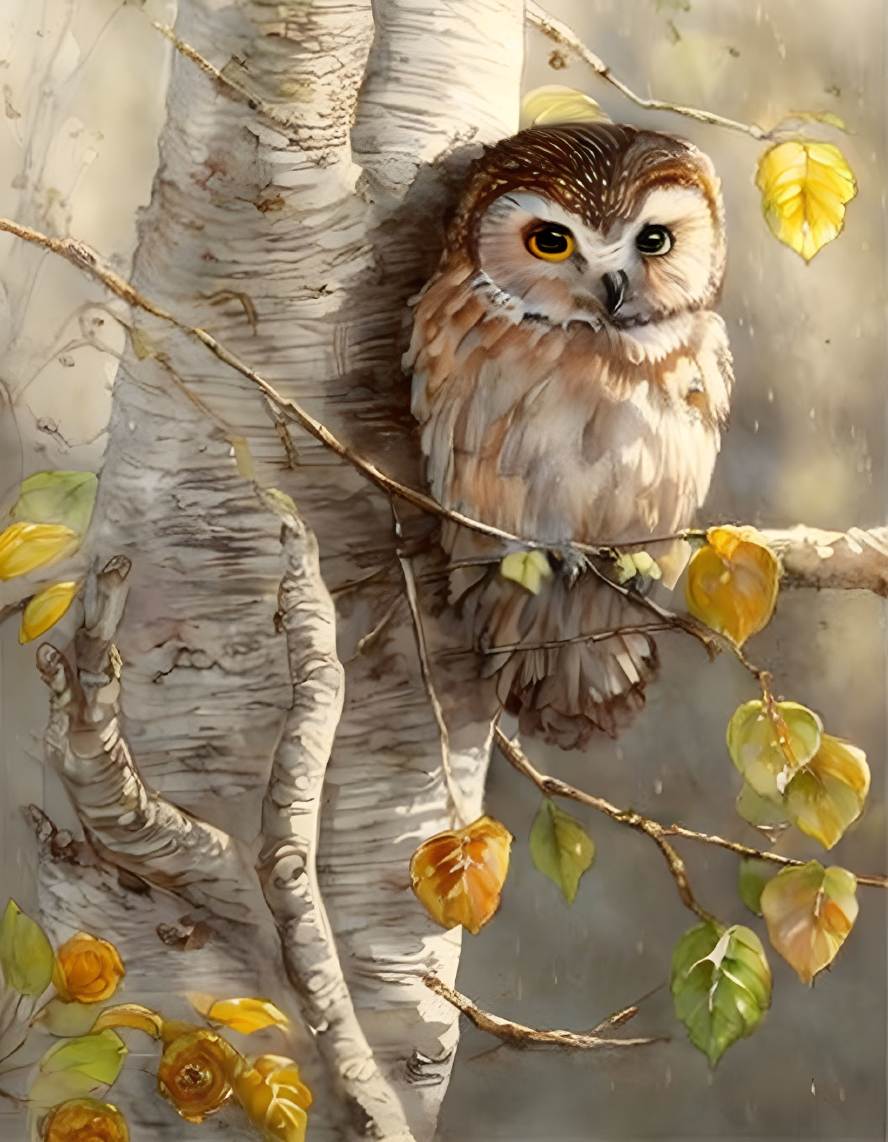 Owl perched on birch tree branch with yellow leaves