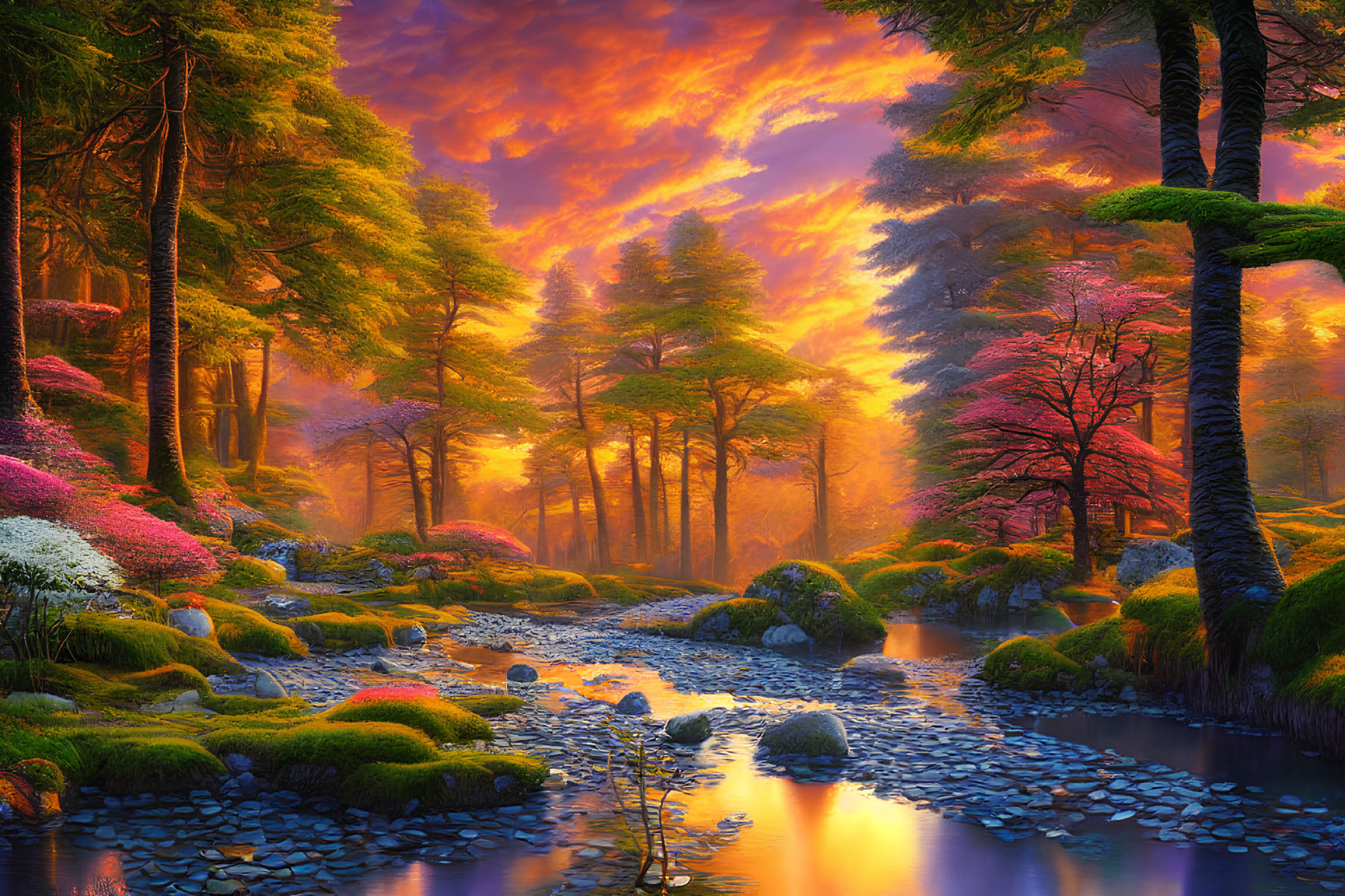 Colorful Forest Landscape with Stream and Orange Sky at Sunrise or Sunset