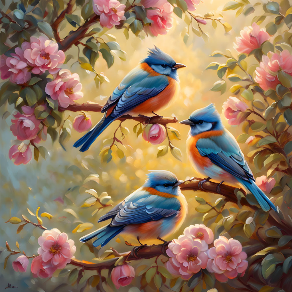 Colorful Bluebirds on Branches with Pink Blossoms in Soft Lighting