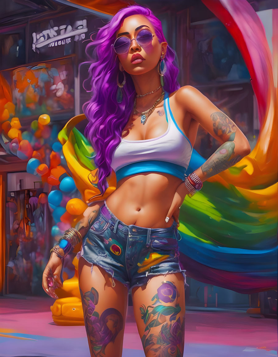 Fashionable Woman with Purple Hair and Tattoos Poses in Urban Setting