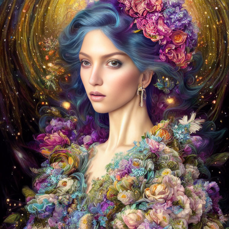 Surreal portrait of woman with blue hair and vibrant floral adornments surrounded by cosmic swirl