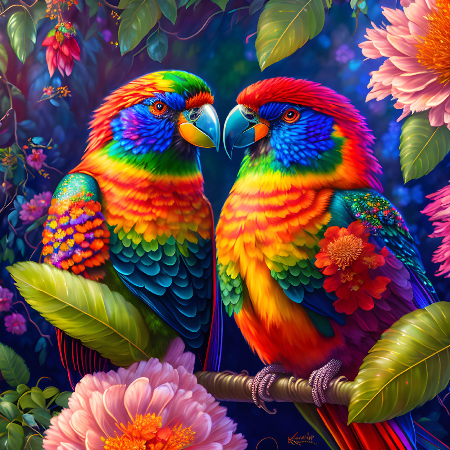 Colorful Parrots Perched in Tropical Floral Setting