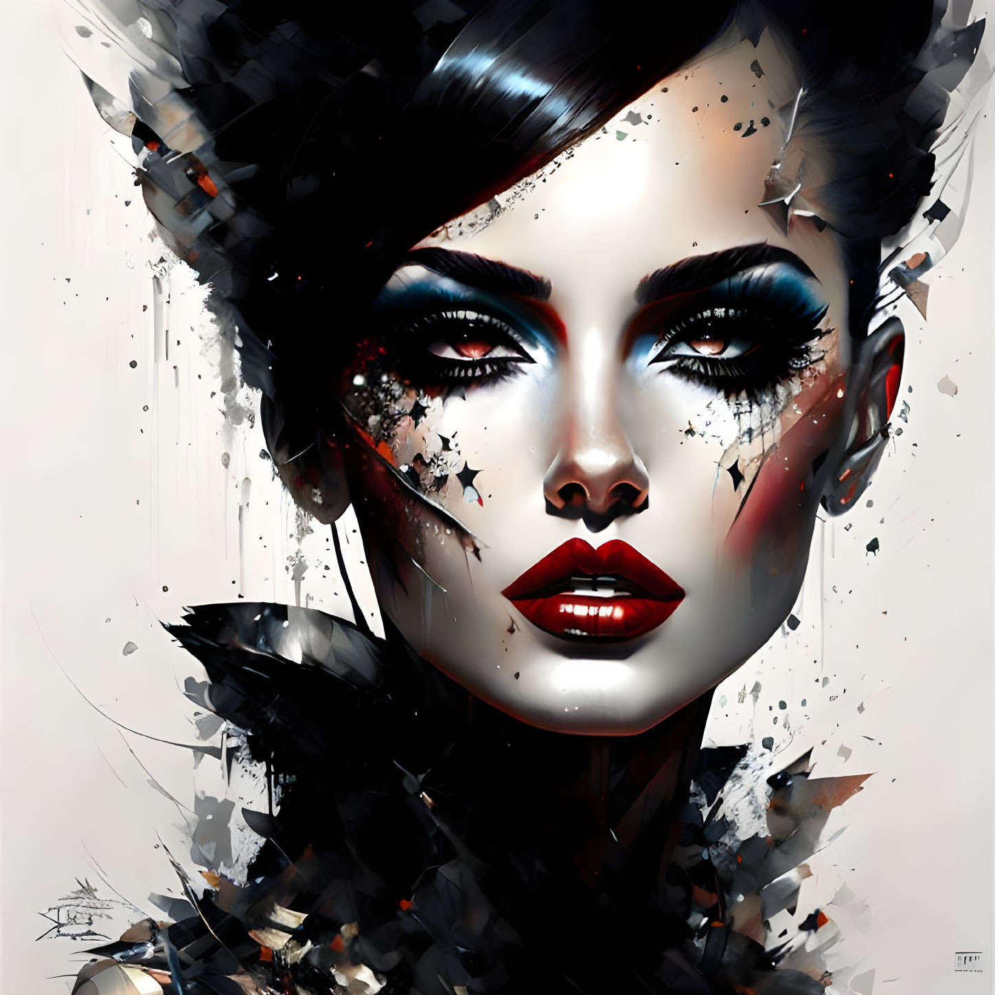 Abstract portrait of woman with dramatic makeup and disintegrating black elements