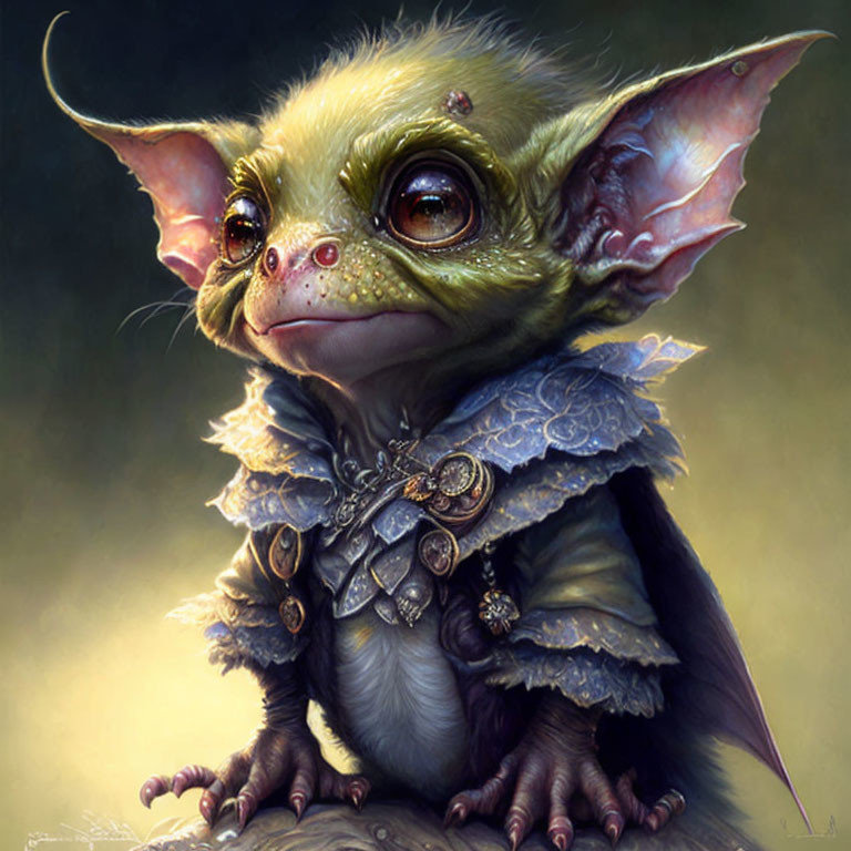 Fantasy creature illustration with large eyes, pointed ears, and ornate armor collar