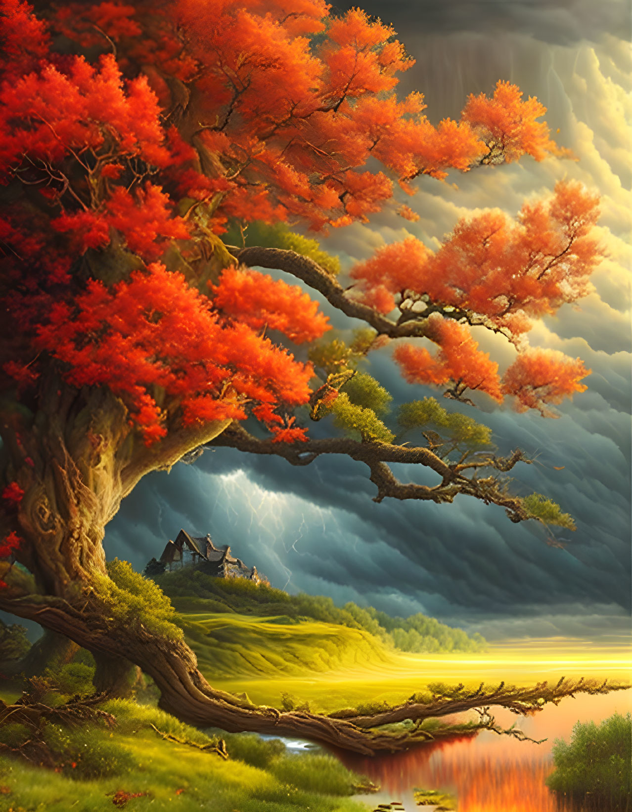 Colorful landscape with red tree, hilltop house, and stormy sky over river