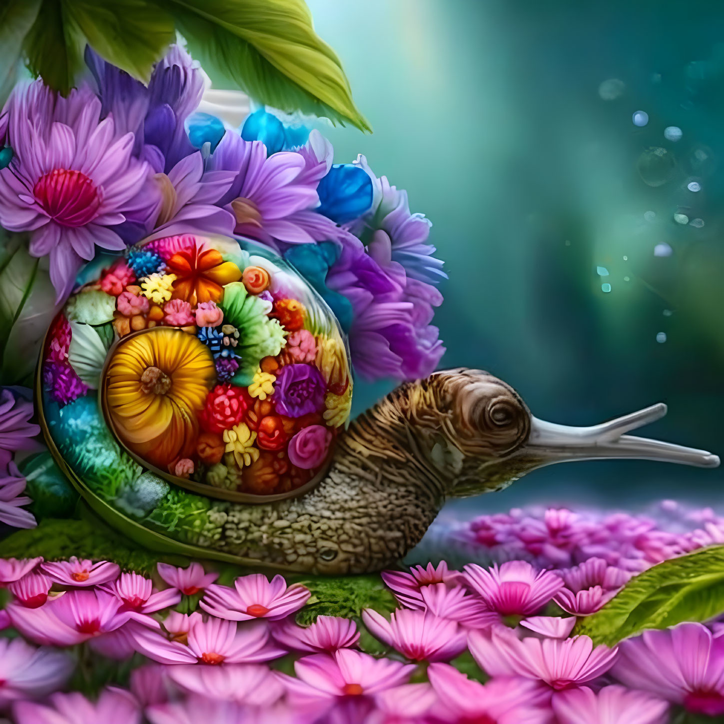 Colorful snail artwork with flower-filled shell on green and pink background