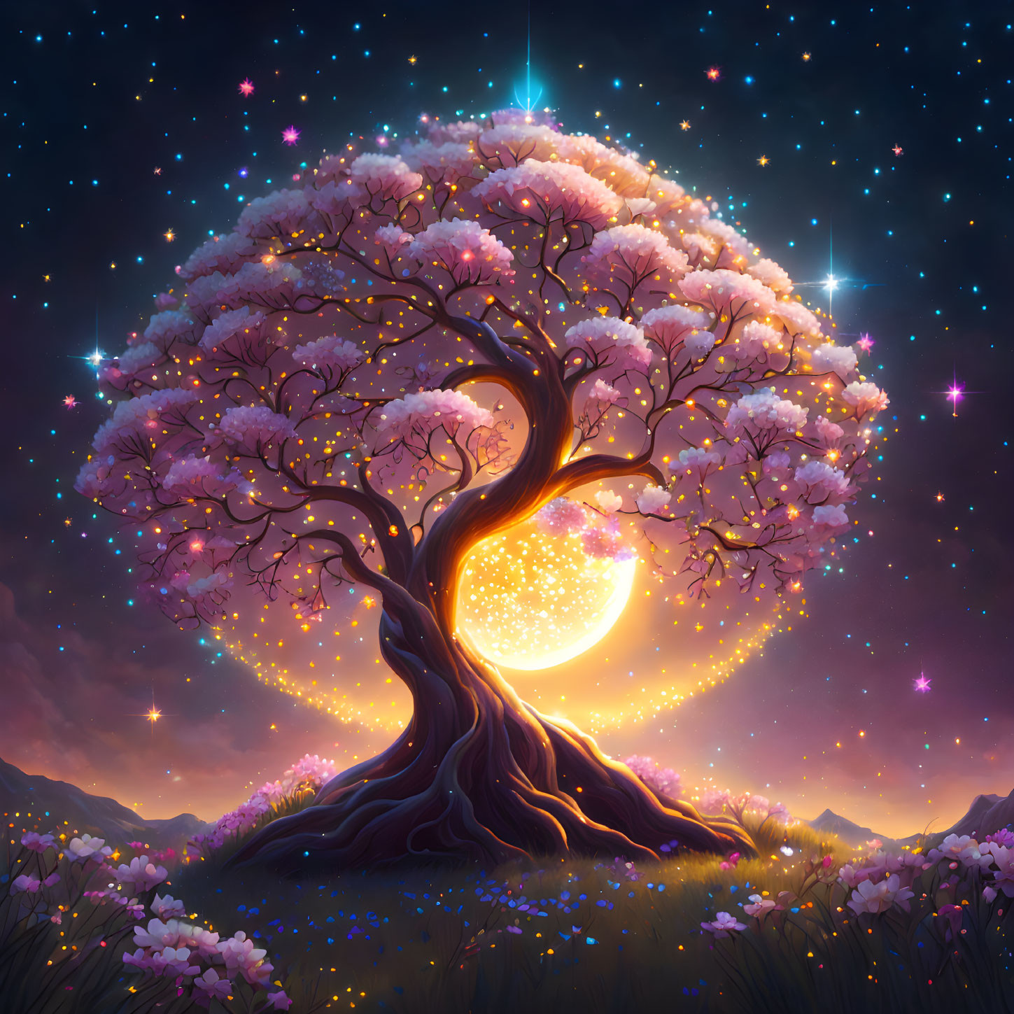 Colorful blossoming tree under full moon and starry sky.