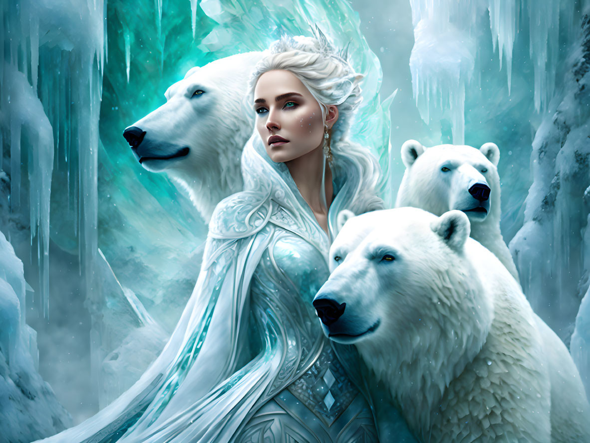 White-haired woman in intricate attire with polar bears in mystical ice setting