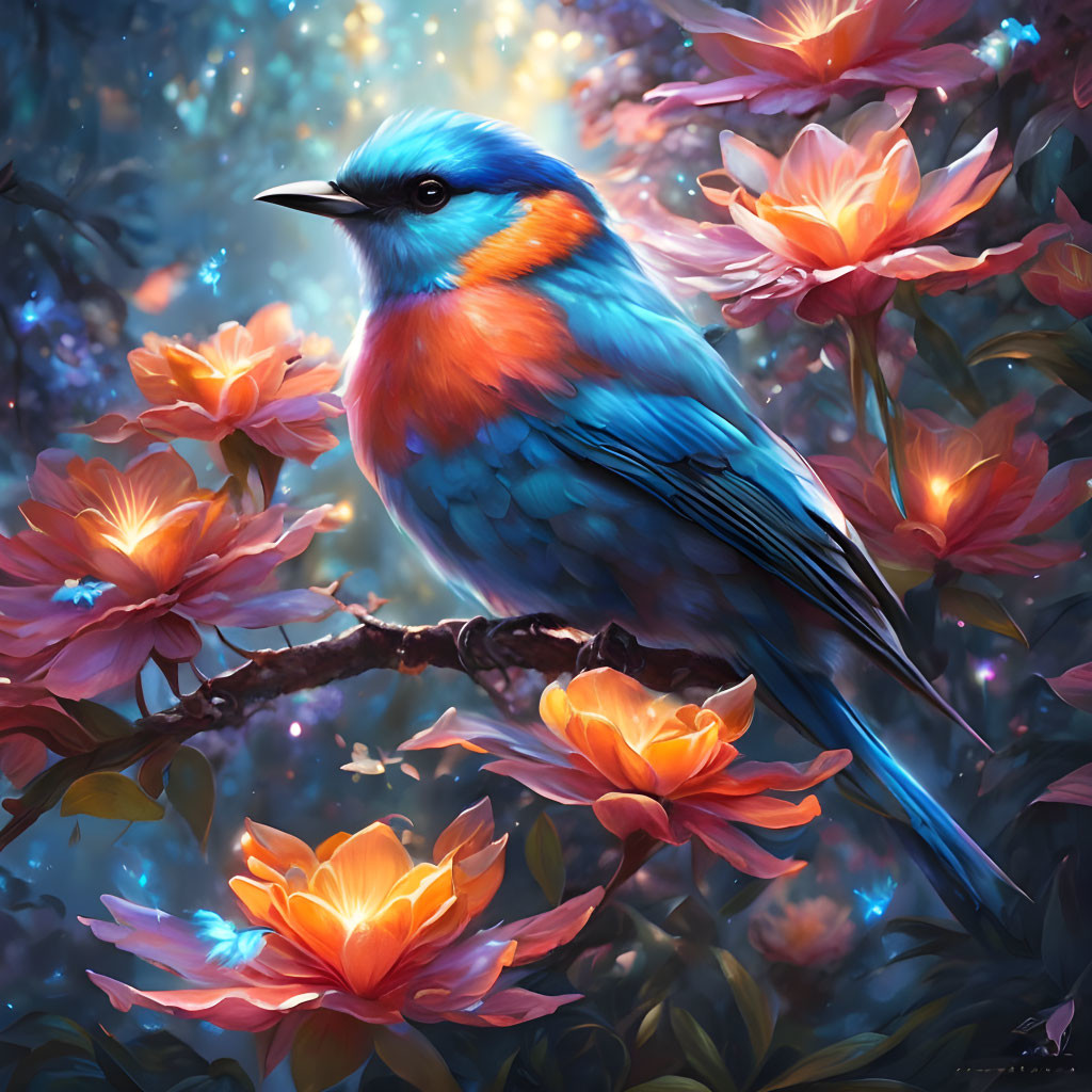 Colorful bird perched on branch with pink flowers in dreamlike setting