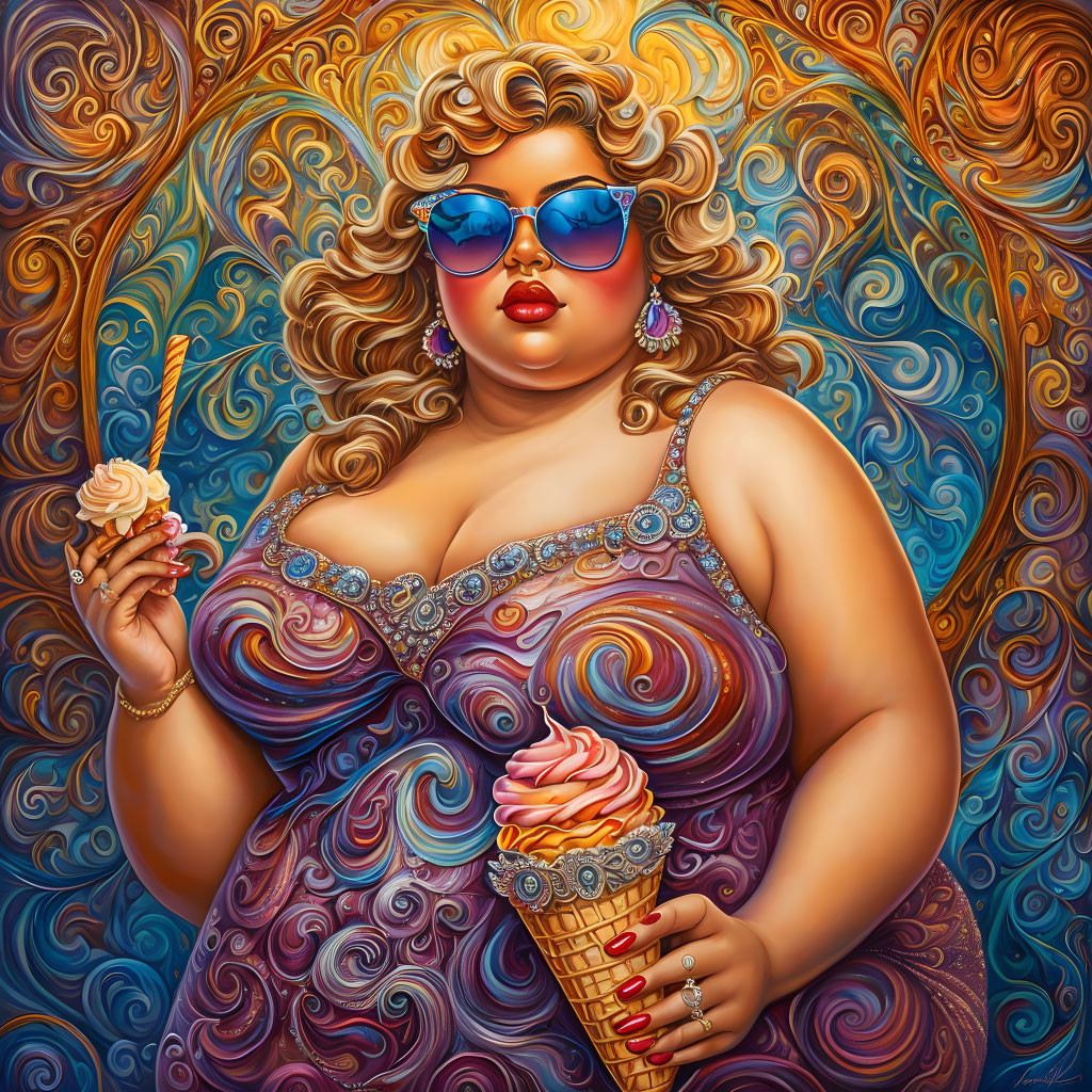 Curly blond woman with sunglasses holding ice cream cones