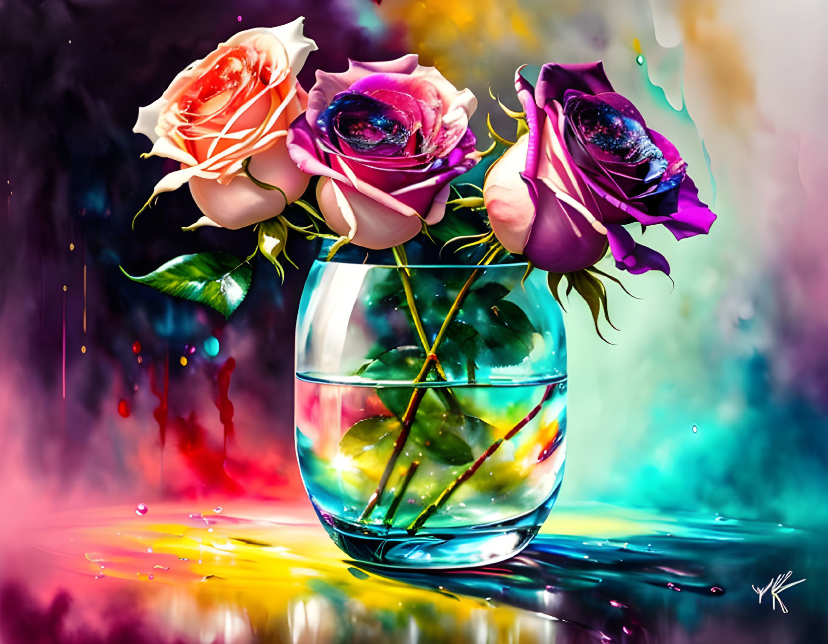 Vibrant artwork: Three roses in water-filled vase with colorful splashes.