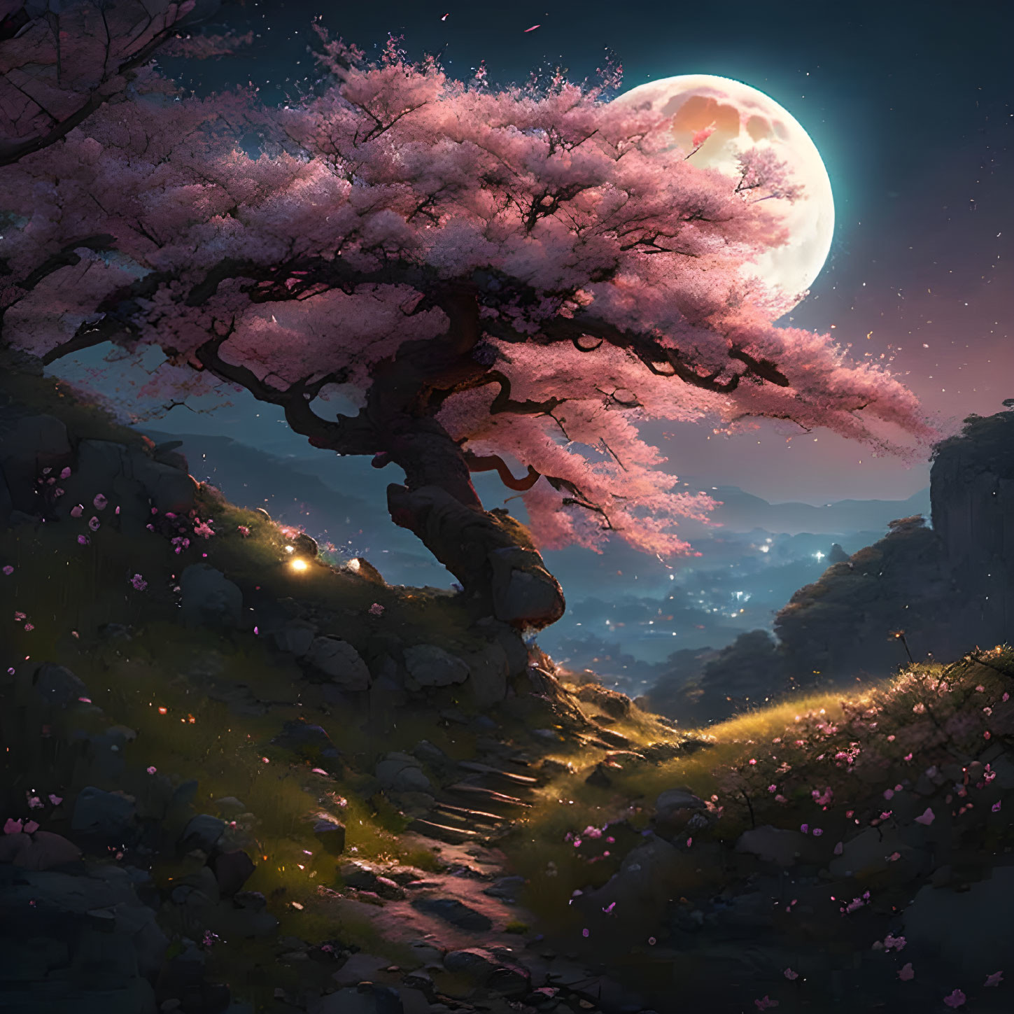 Cherry blossom tree in full bloom under moonlight.