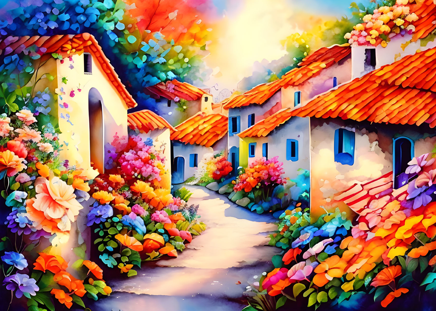 Colorful Artwork of Quaint Village Street at Sunset