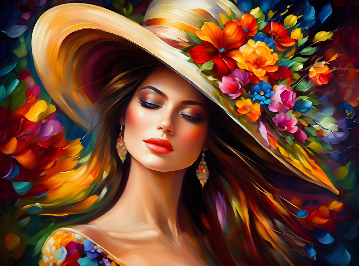 Colorful floral hat painting of elegant woman with serene expression