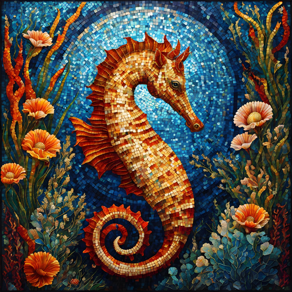 Colorful seahorse mosaic surrounded by coral on dark blue background