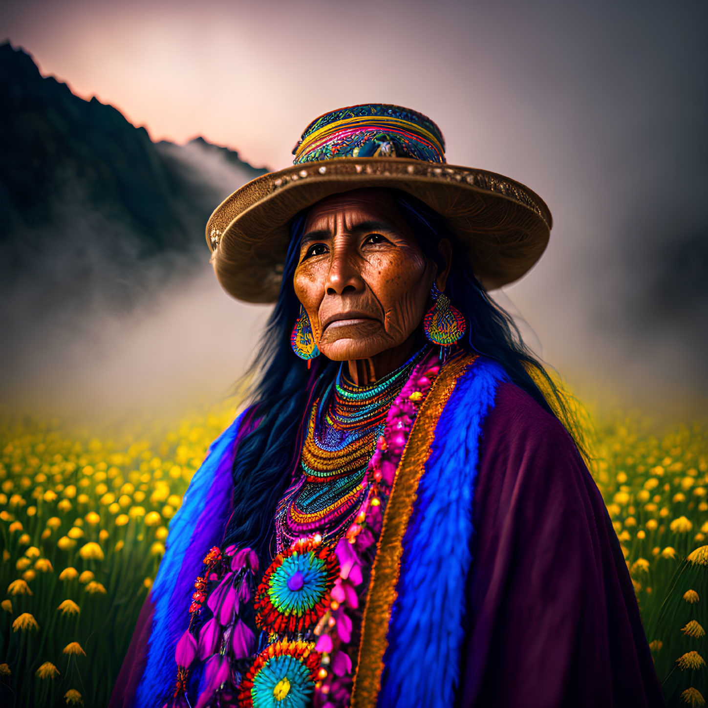 Indigenous woman in colorful attire among yellow flowers with misty mountain backdrop