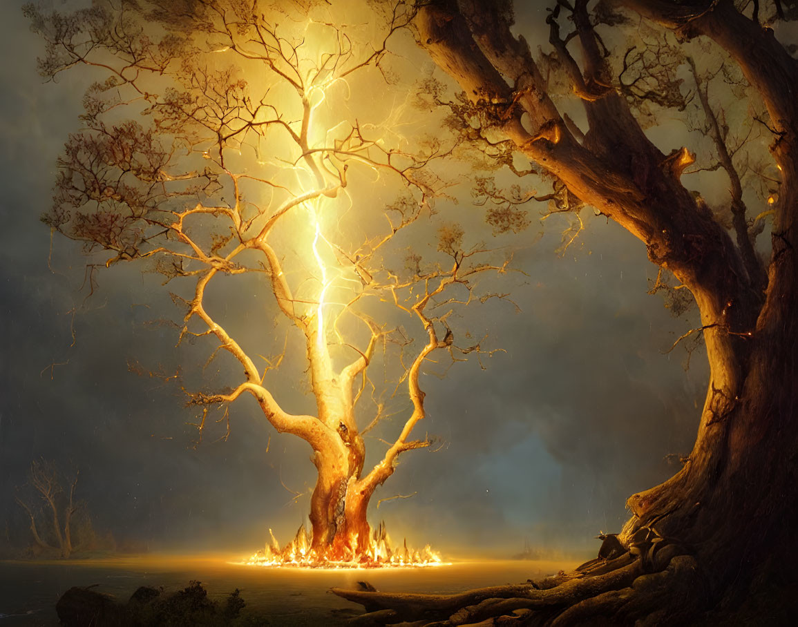 Majestic tree struck by lightning in fiery forest scene