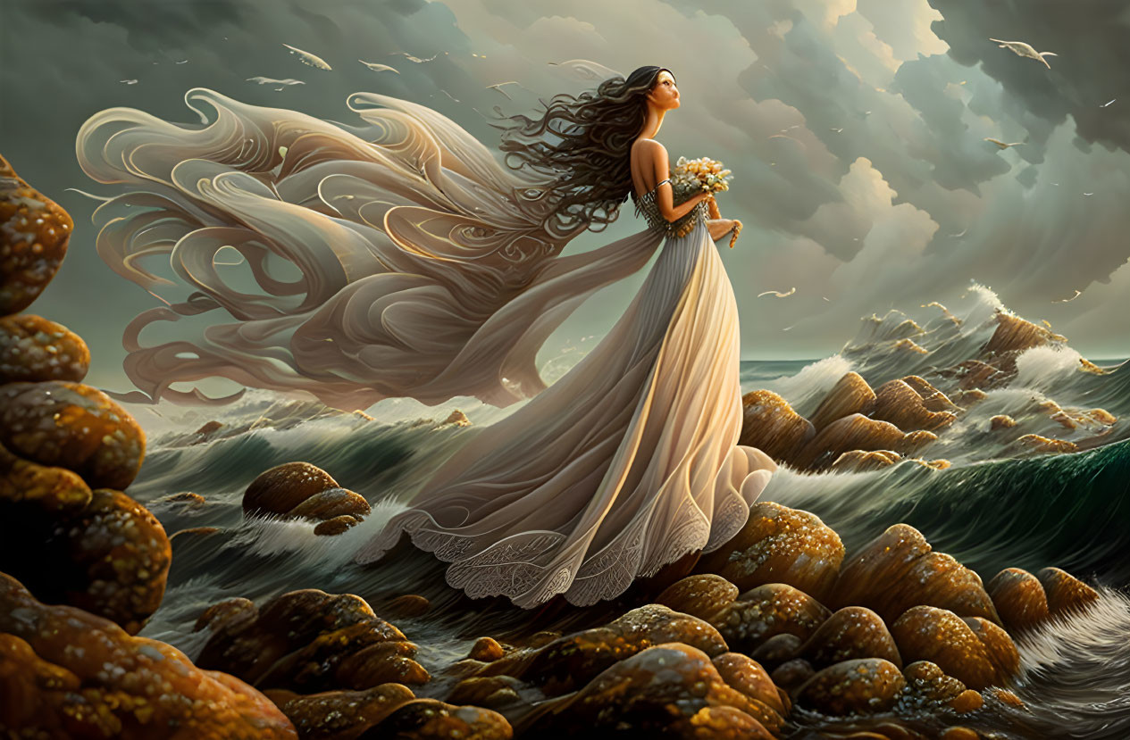 Woman in flowing dress on rocky shore with bouquet, wind blowing hair.