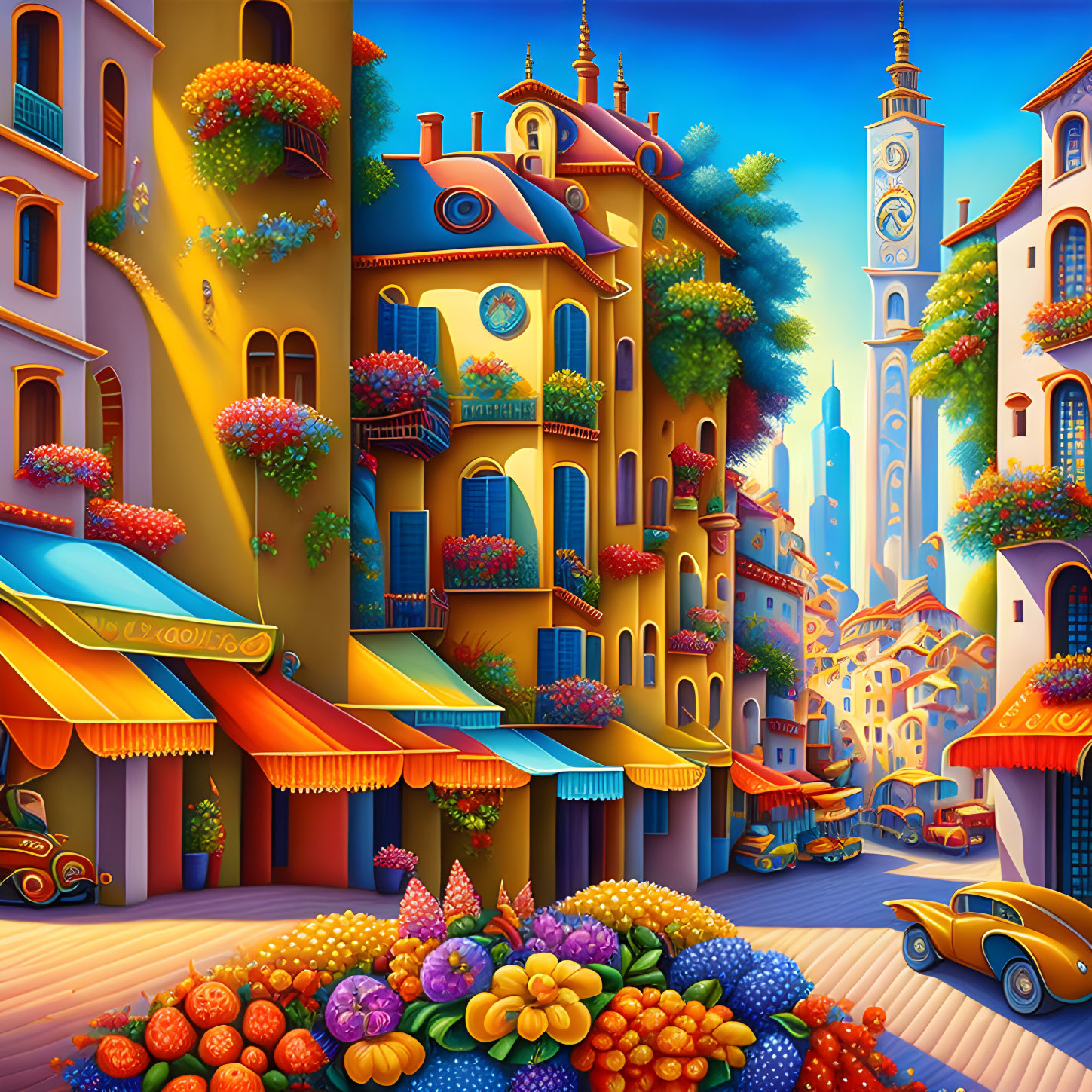 Colorful Street Scene with Fruit Stalls and Ornate Buildings