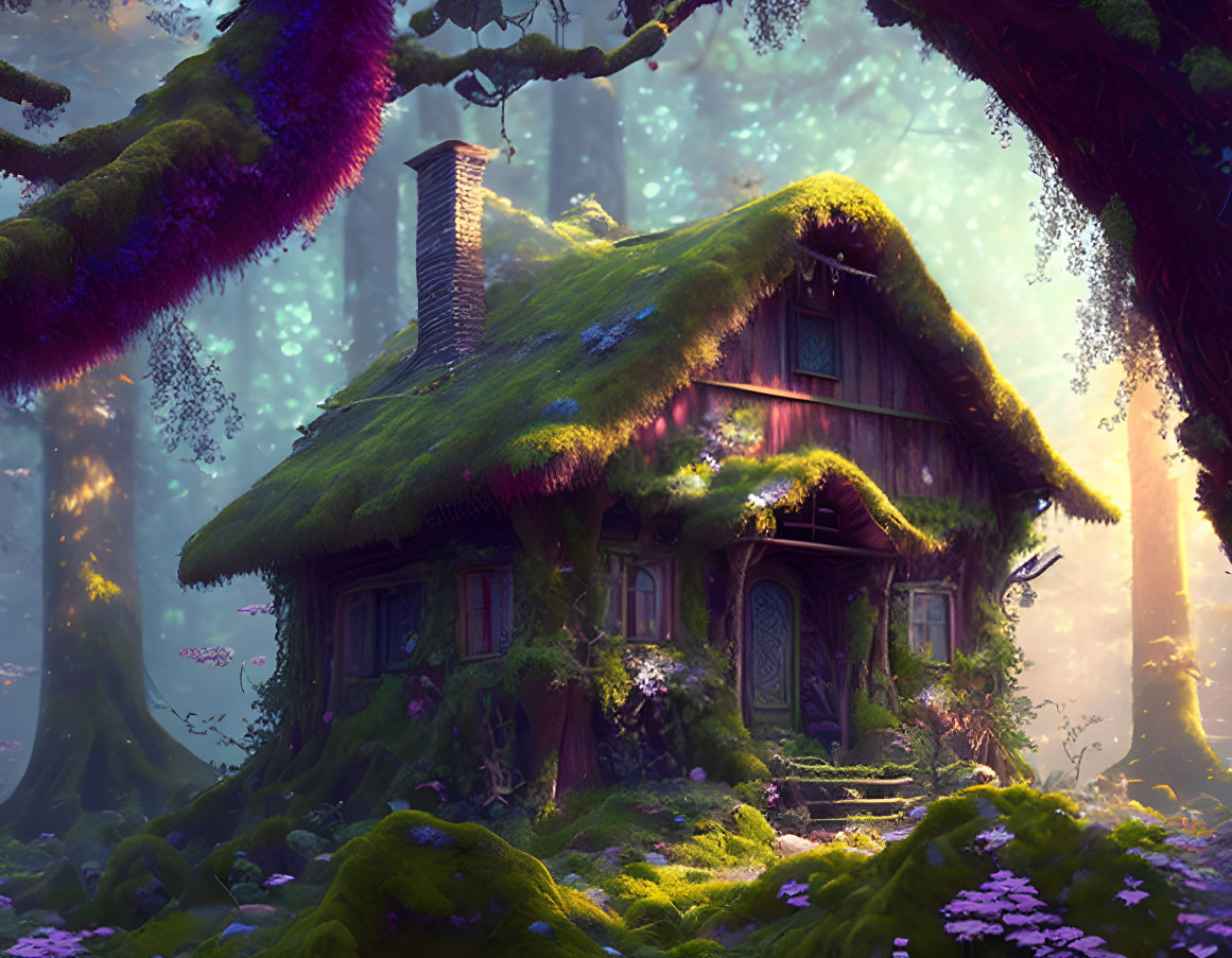 Enchanting cottage in mystical forest with moss-covered roof