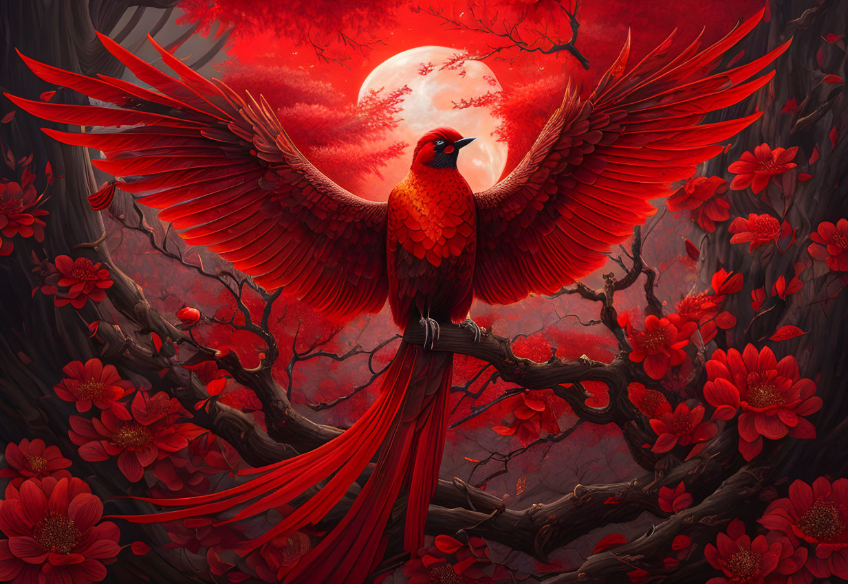 Red bird with outstretched wings in vibrant forest with full moon