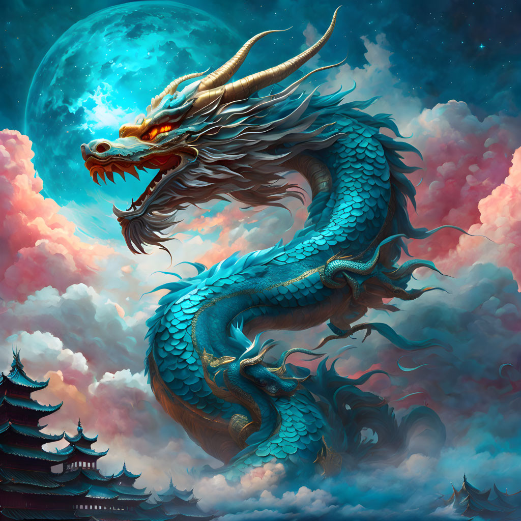 Blue Chinese dragon in pink clouds with full moon and pagodas