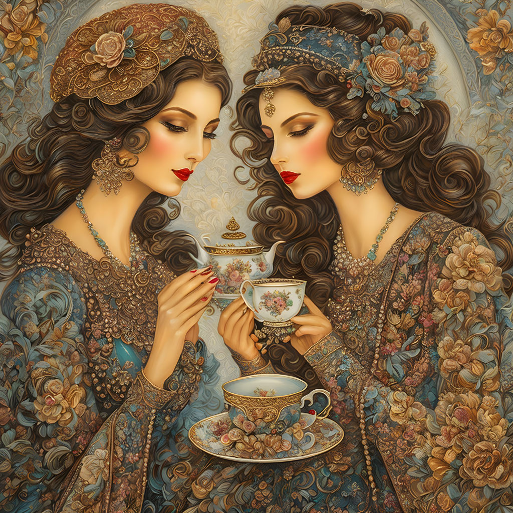 Two women in ornate vintage attire with elaborate hairstyles holding a teacup and saucer amidst rich