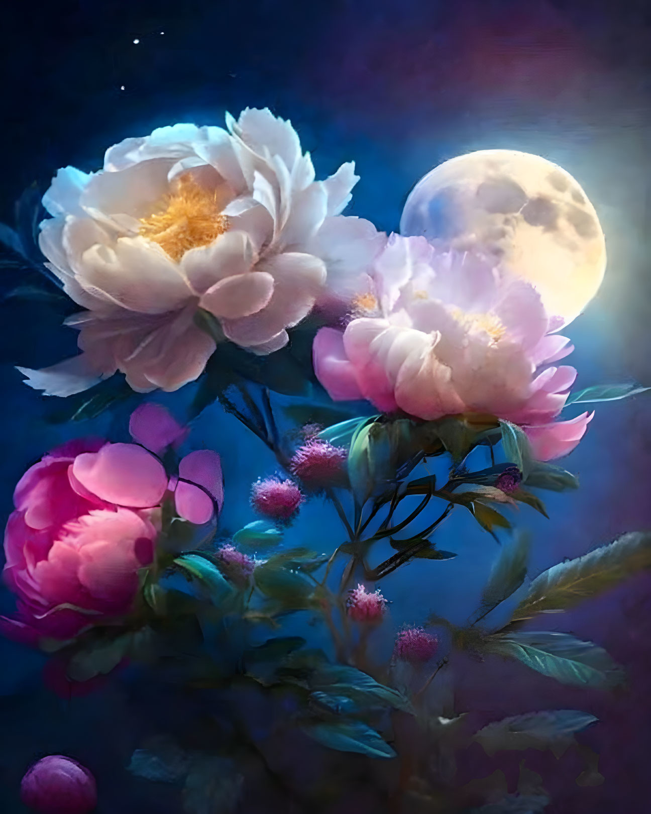 Pink and White Peonies with Full Moon and Starry Night Sky